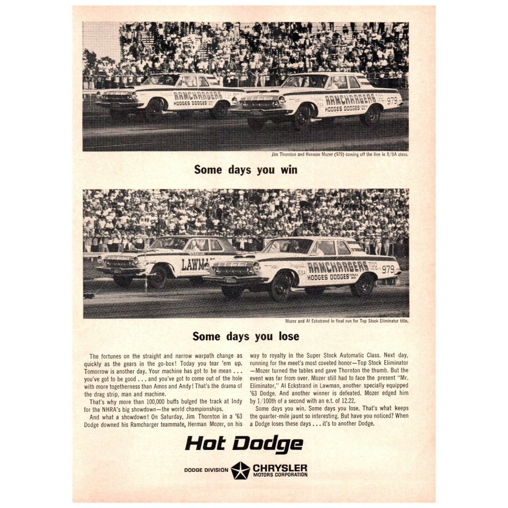 1964 Hot Dodge Some Days You Win Vintage Print Ad Jim Thornton Herman Mozer
